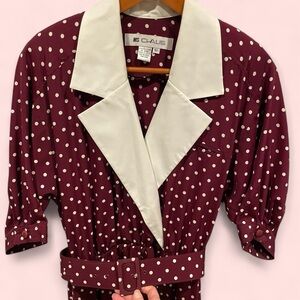 Funky 80’s Ms. Chaus maroon polka bot wide collar Golden Girls trad midi dress